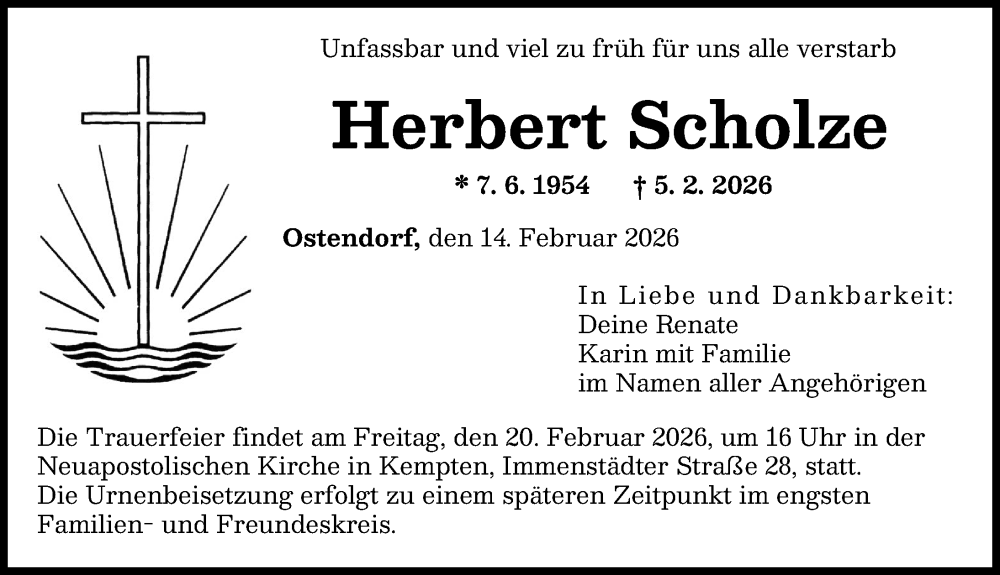  Traueranzeige für Herbert Scholze vom 14.02.2026 aus Augsburger Allgemeine