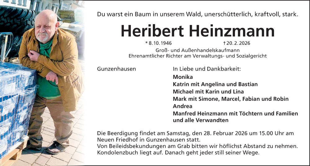  Traueranzeige für Heribert Heinzmann vom 25.02.2026 aus Rieser Nachrichten, Donau Zeitung