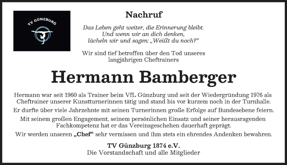  Traueranzeige für Hermann Bamberger vom 25.02.2026 aus Günzburger Zeitung