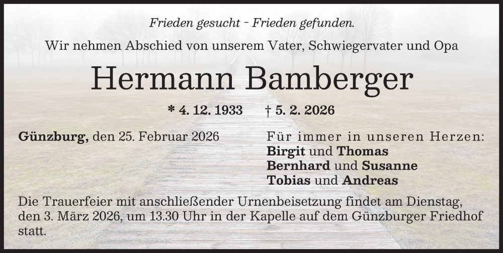  Traueranzeige für Hermann Bamberger vom 25.02.2026 aus Günzburger Zeitung