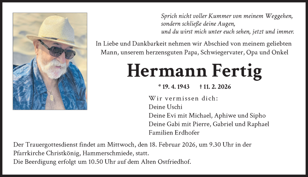  Traueranzeige für Hermann Fertig vom 14.02.2026 aus Augsburger Allgemeine