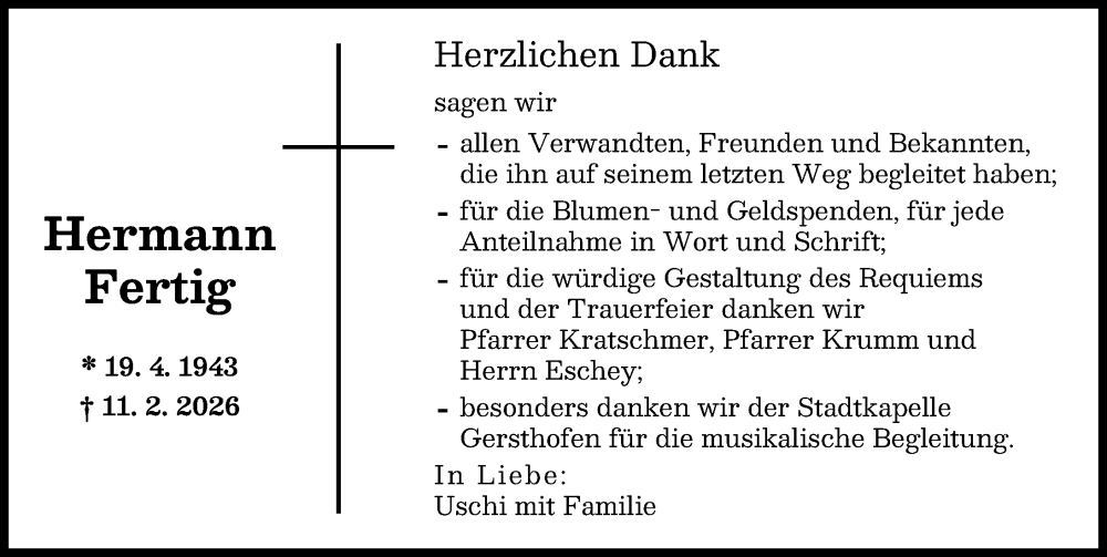 Traueranzeige von Hermann Fertig von Augsburger Allgemeine