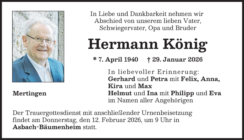  Traueranzeige für Hermann König vom 07.02.2026 aus Donauwörther Zeitung