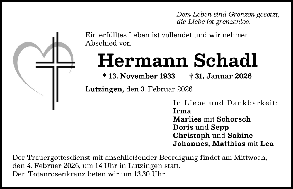  Traueranzeige für Hermann Schadl vom 03.02.2026 aus Donau Zeitung