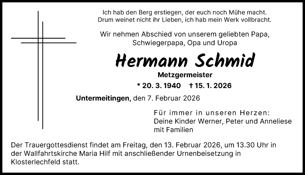  Traueranzeige für Hermann Schmid vom 07.02.2026 aus Schwabmünchner Allgemeine