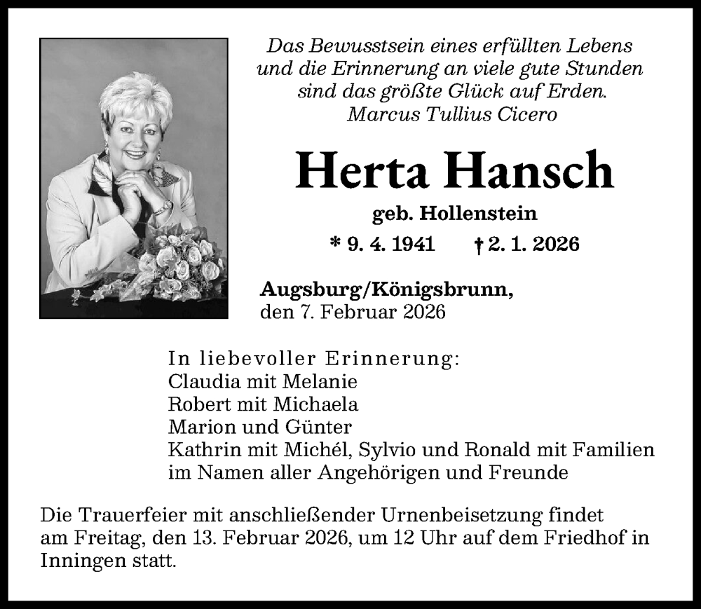  Traueranzeige für Herta Hansch vom 07.02.2026 aus Augsburger Allgemeine