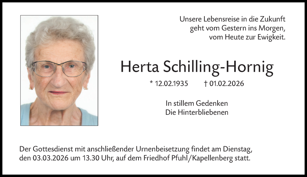 Traueranzeige von Herta Schilling-Hornig von Neu-Ulmer Zeitung, Augsburger Allgemeine