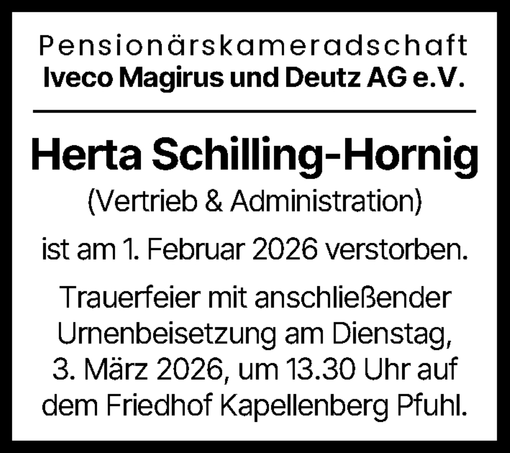  Traueranzeige für Herta Schilling-Hornig vom 27.02.2026 aus Günzburger Zeitung, Neu-Ulmer Zeitung, Illertisser Zeitung