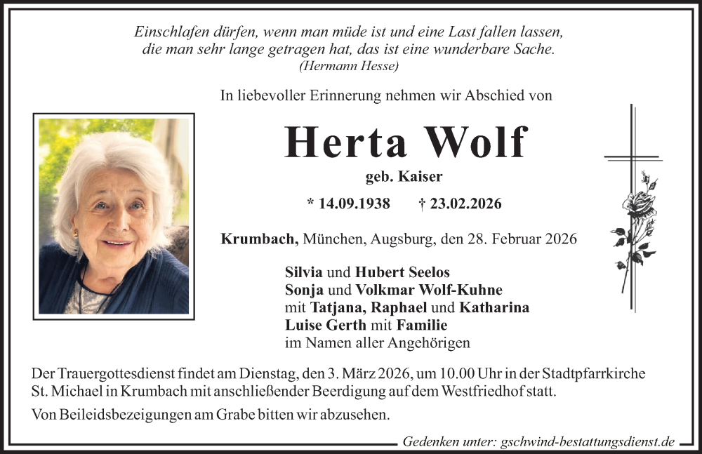 Traueranzeige von Herta Wolf von Mittelschwäbische Nachrichten