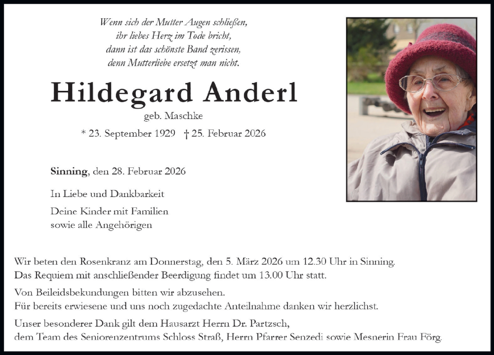 Traueranzeige von Hildegard Anderl von Neuburger Rundschau