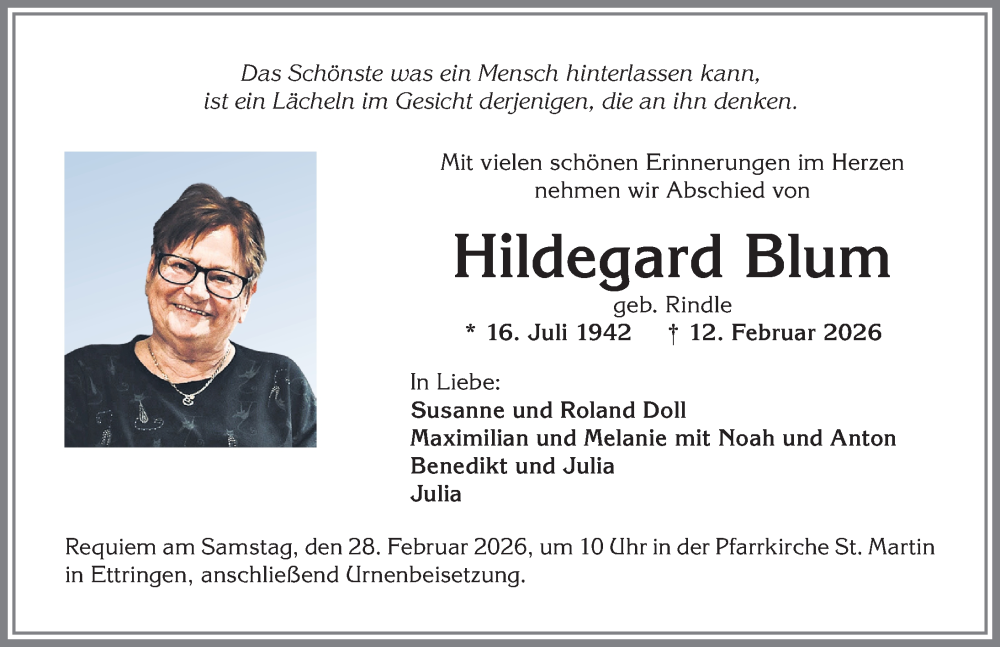  Traueranzeige für Hildegard Blum vom 24.02.2026 aus Mindelheimer Zeitung