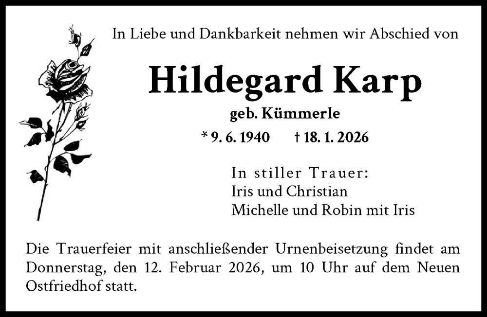  Traueranzeige für Hildegard Karp vom 07.02.2026 aus Augsburger Allgemeine