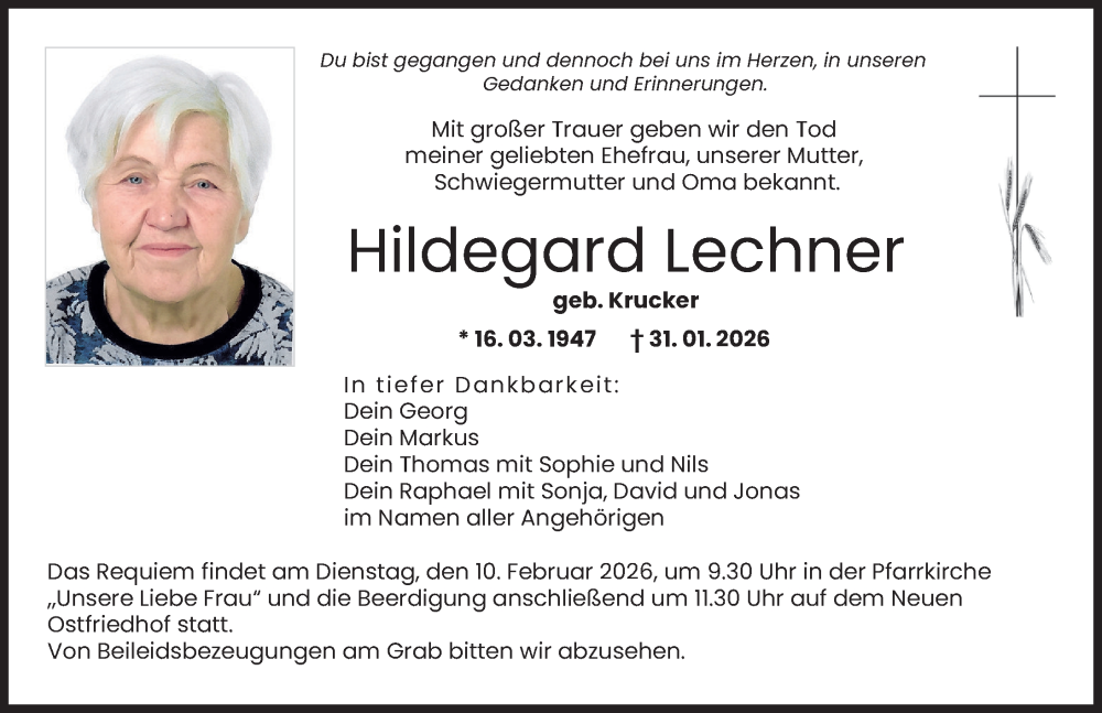  Traueranzeige für Hildegard Lechner vom 07.02.2026 aus Augsburger Allgemeine