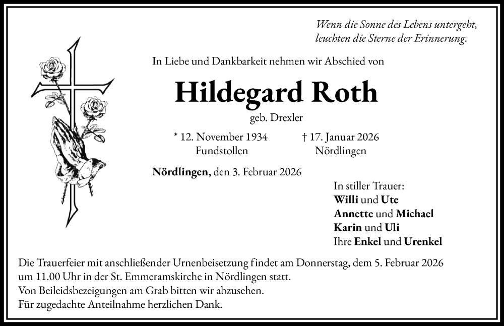  Traueranzeige für Hildegard Roth vom 03.02.2026 aus Rieser Nachrichten
