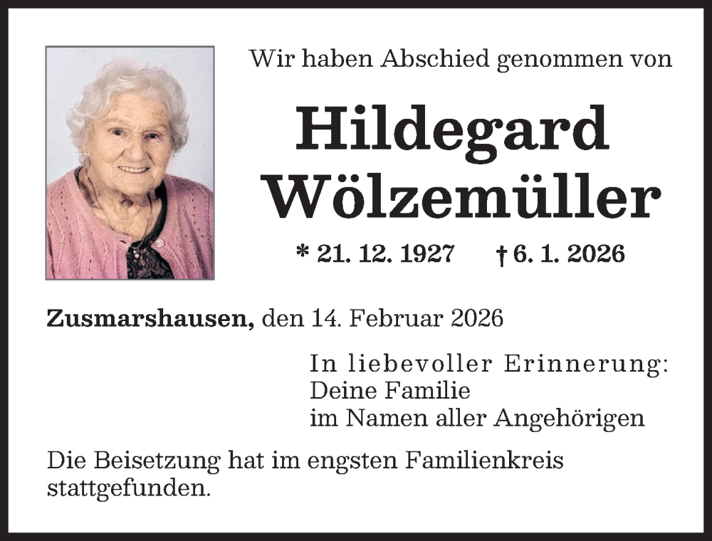  Traueranzeige für Hildegard Wölzemüller vom 14.02.2026 aus Augsburger Allgemeine