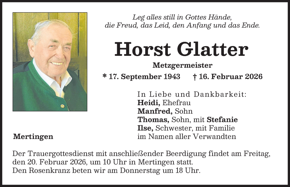  Traueranzeige für Horst Glatter vom 18.02.2026 aus Donauwörther Zeitung