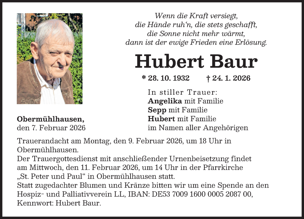  Traueranzeige für Hubert Baur vom 07.02.2026 aus Landsberger Tagblatt