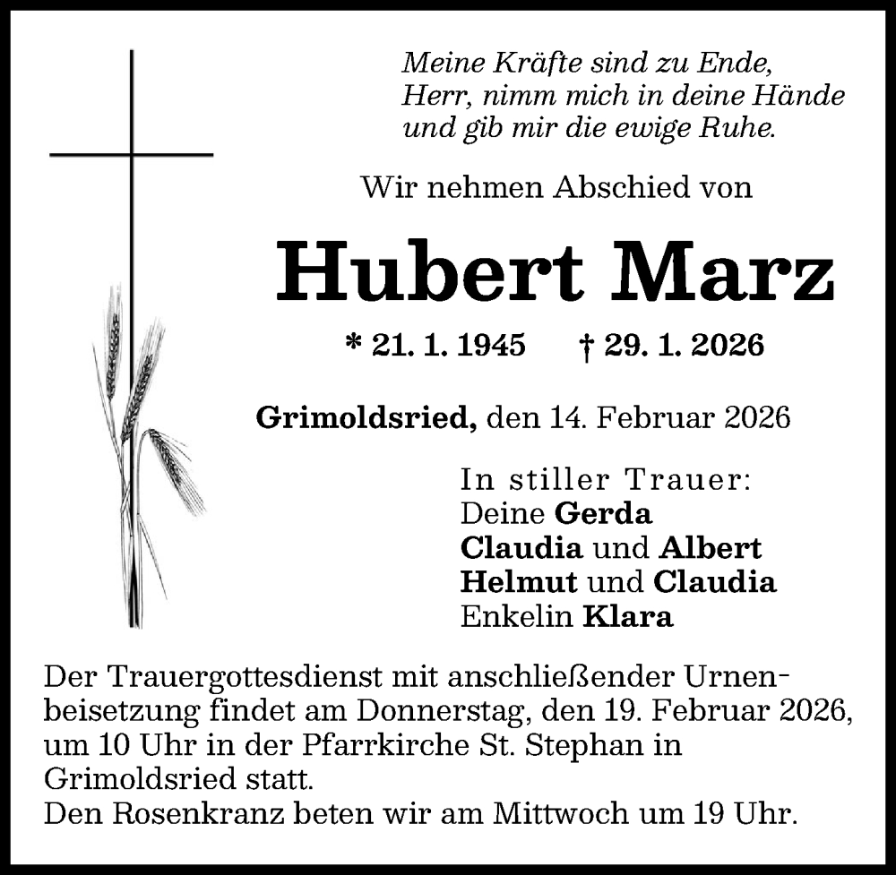  Traueranzeige für Hubert Marz vom 14.02.2026 aus Augsburg-Land