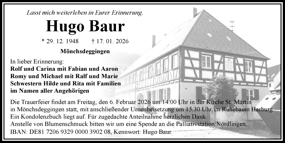  Traueranzeige für Hugo Baur vom 04.02.2026 aus Rieser Nachrichten
