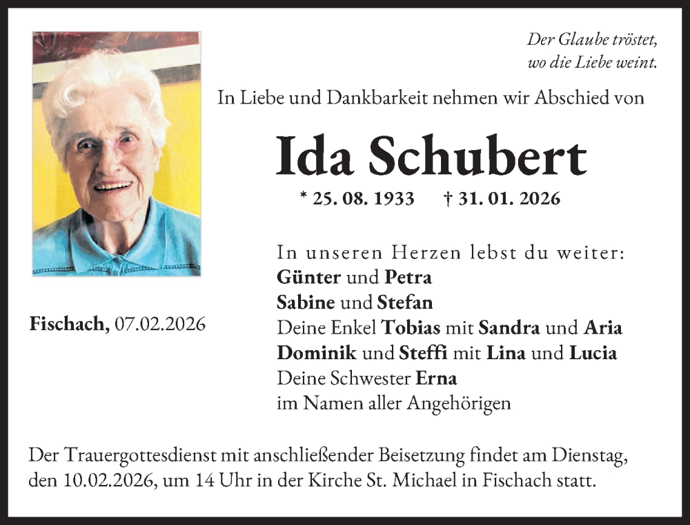  Traueranzeige für Ida Schubert vom 07.02.2026 aus Augsburg-Land