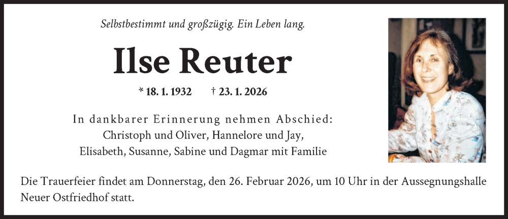  Traueranzeige für Ilse Reuter vom 21.02.2026 aus Augsburger Allgemeine