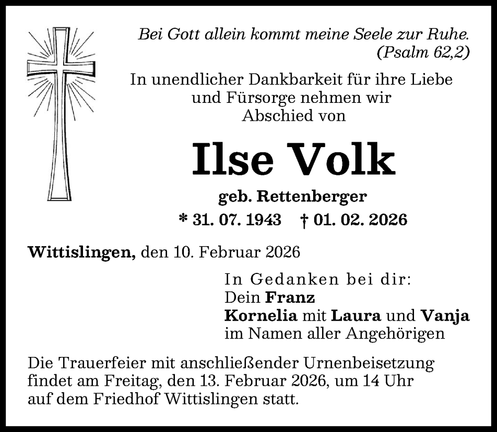  Traueranzeige für Ilse Volk vom 10.02.2026 aus Donau Zeitung