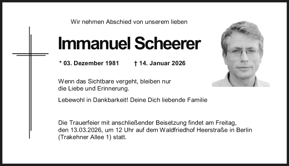  Traueranzeige für Immanuel Scheerer vom 14.02.2026 aus Aichacher Nachrichten