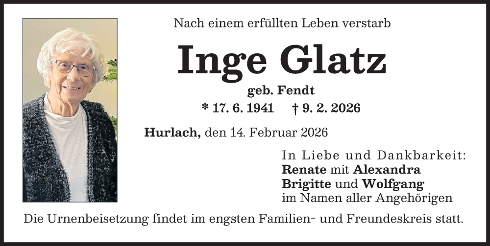  Traueranzeige für Inge Glatz vom 14.02.2026 aus Landsberger Tagblatt