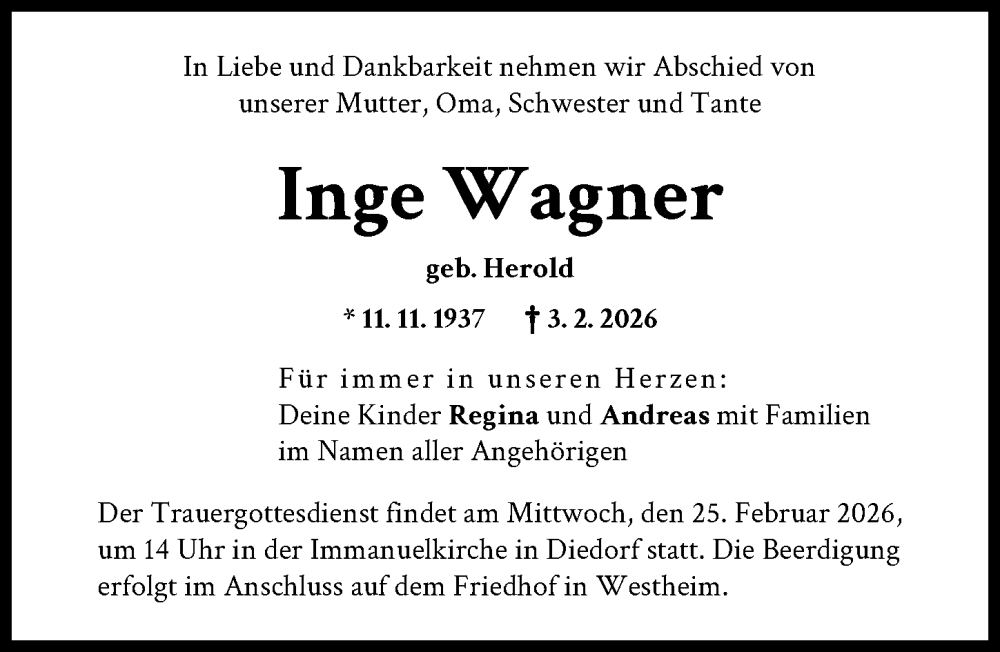  Traueranzeige für Inge Wagner vom 21.02.2026 aus Augsburg-Land