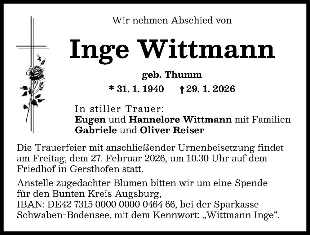  Traueranzeige für Inge Wittmann vom 21.02.2026 aus Augsburg-Land