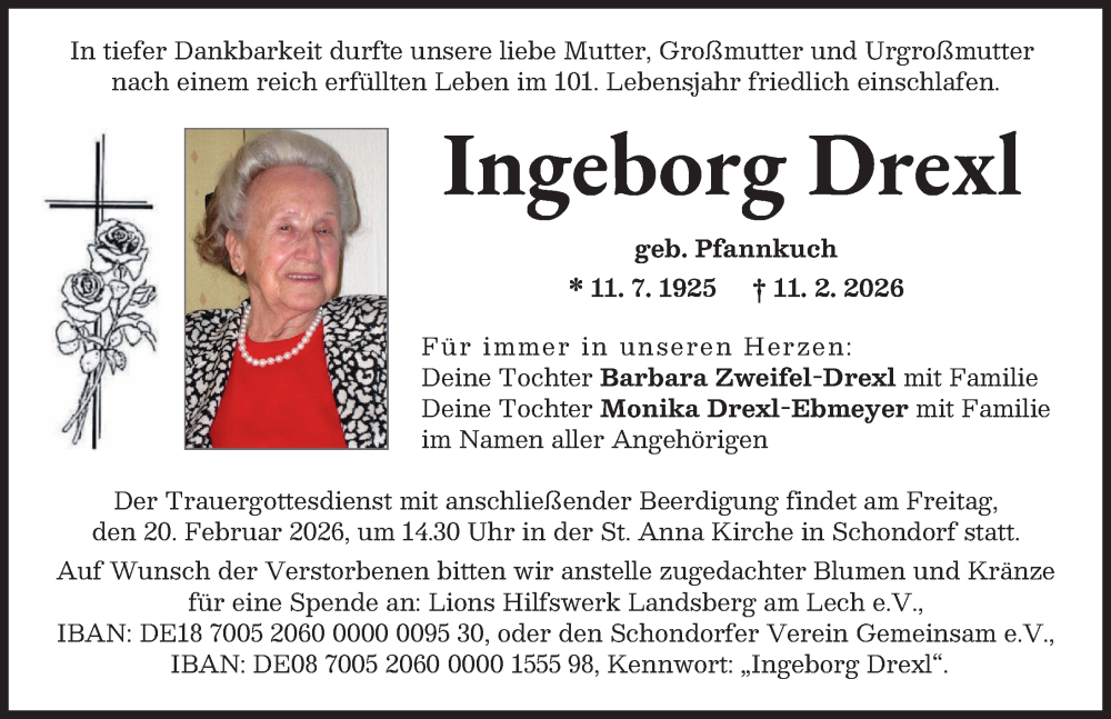  Traueranzeige für Ingeborg Drexl vom 14.02.2026 aus Landsberger Tagblatt