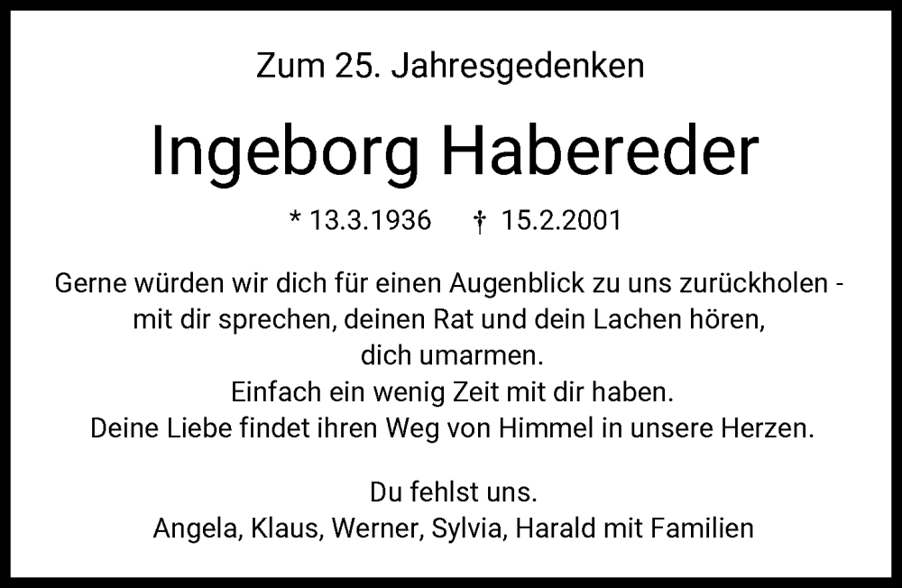  Traueranzeige für Ingeborg Habereder vom 14.02.2026 aus Augsburger Allgemeine