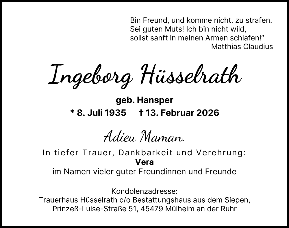  Traueranzeige für Ingeborg Hüsselrath vom 21.02.2026 aus Augsburger Allgemeine