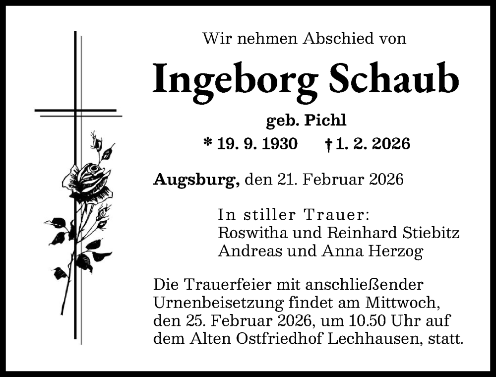  Traueranzeige für Ingeborg Schaub vom 21.02.2026 aus Augsburger Allgemeine