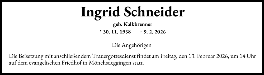 Traueranzeige von Ingrid Schneider von Rieser Nachrichten
