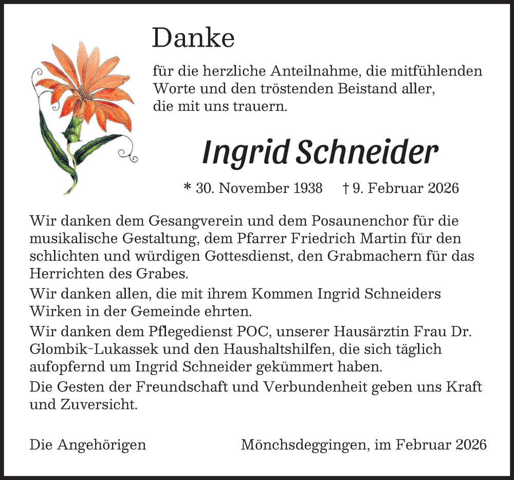 Traueranzeige von Ingrid Schneider von Rieser Nachrichten