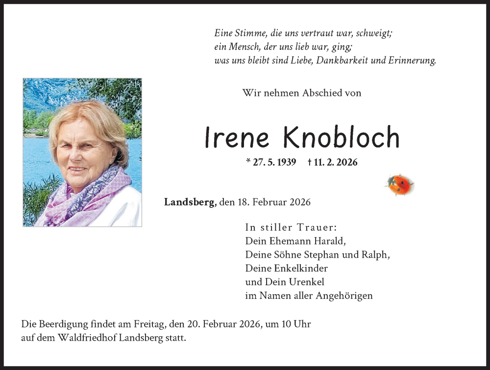  Traueranzeige für Irene Knobloch vom 18.02.2026 aus Landsberger Tagblatt