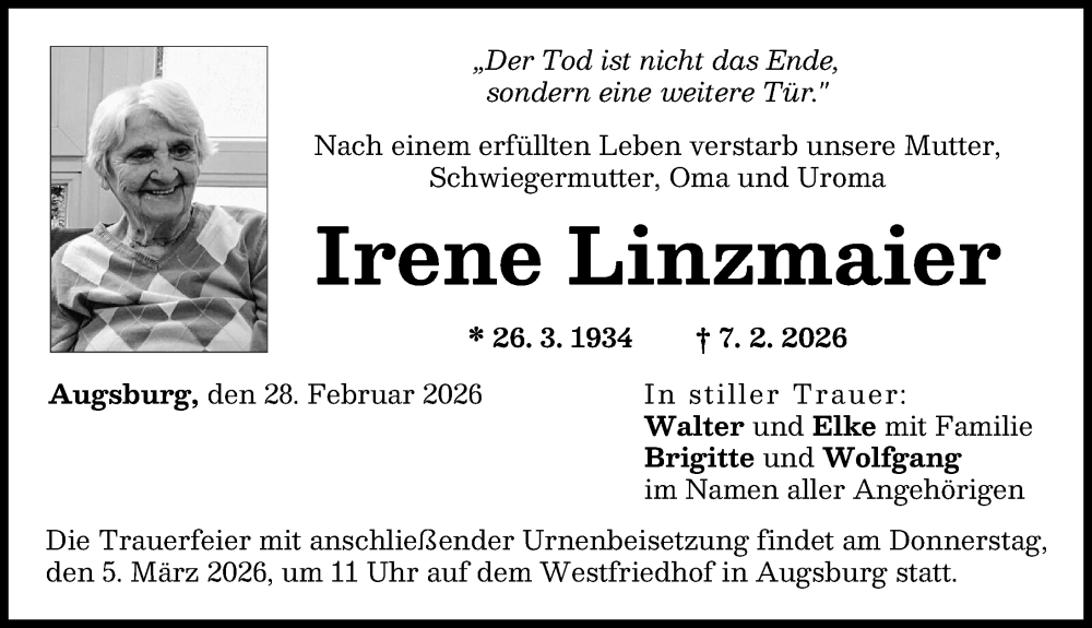 Traueranzeige von Irene Linzmaier von Augsburger Allgemeine