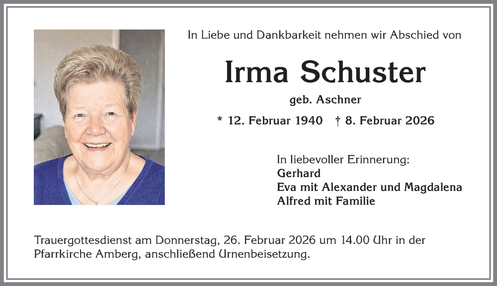  Traueranzeige für Irma Schuster vom 21.02.2026 aus Mindelheimer Zeitung