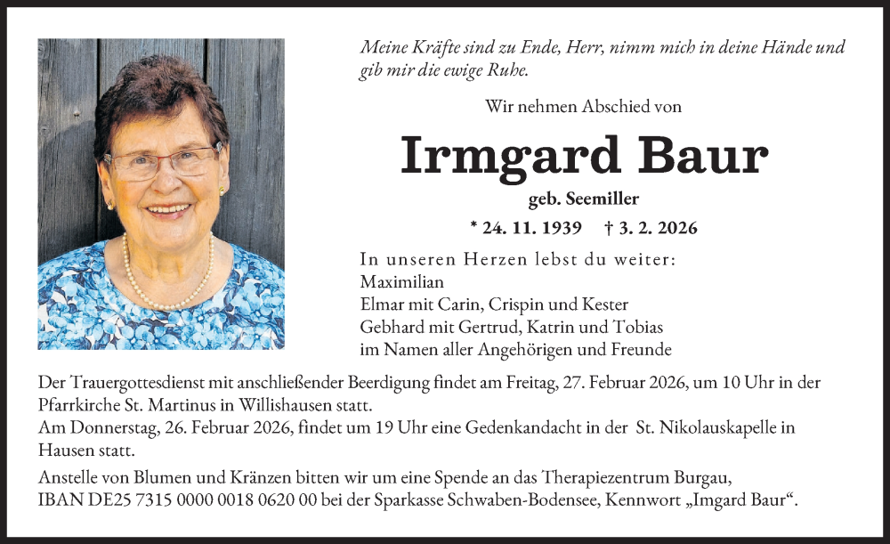  Traueranzeige für Irmgard Baur vom 21.02.2026 aus Augsburger Allgemeine