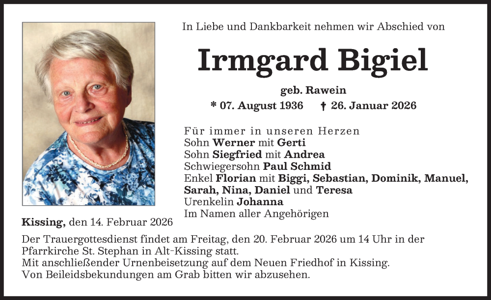  Traueranzeige für Irmgard Bigiel vom 14.02.2026 aus Friedberger Allgemeine