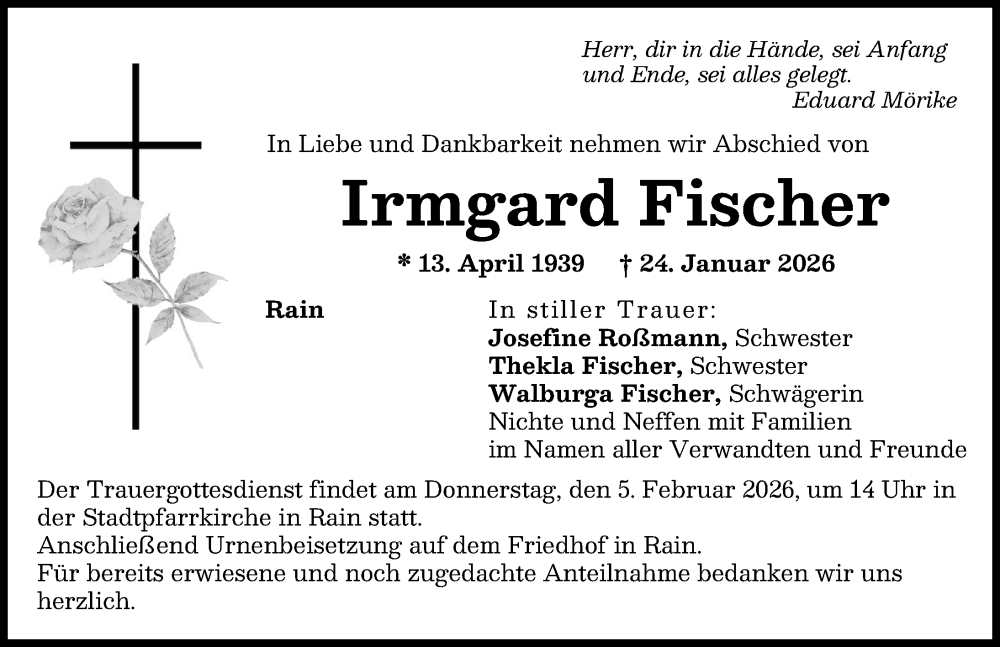  Traueranzeige für Irmgard Fischer vom 02.02.2026 aus Donauwörther Zeitung, Neuburger Rundschau