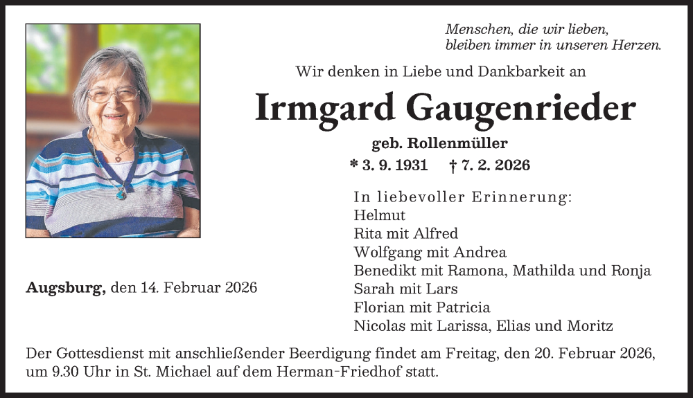  Traueranzeige für Irmgard Gaugenrieder vom 14.02.2026 aus Augsburger Allgemeine