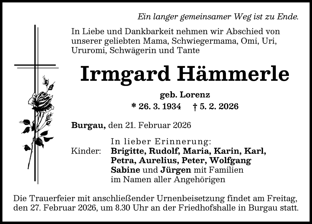  Traueranzeige für Irmgard Hämmerle vom 21.02.2026 aus Günzburger Zeitung