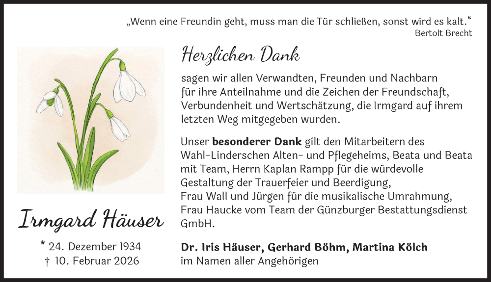 Traueranzeige von Irmgard Häuser von Günzburger Zeitung