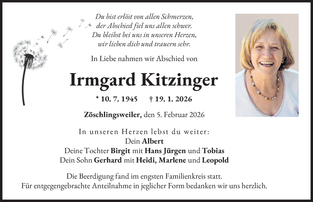  Traueranzeige für Irmgard Kitzinger vom 05.02.2026 aus Donau Zeitung