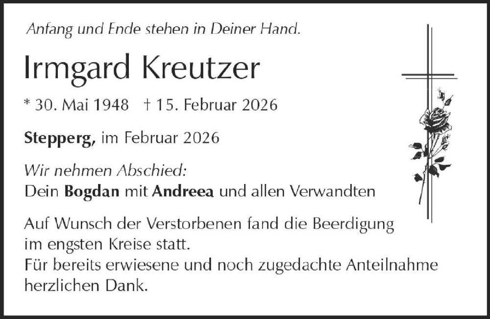  Traueranzeige für Irmgard Kreutzer vom 21.02.2026 aus Neuburger Rundschau