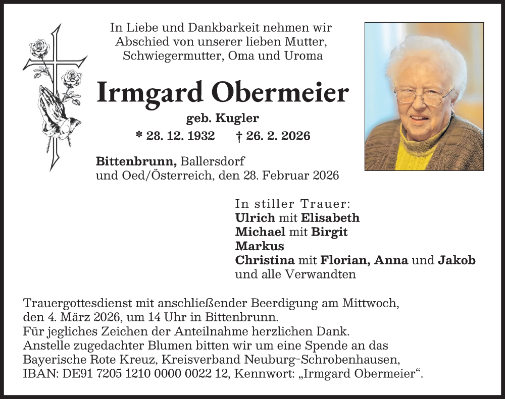 Traueranzeige von Irmgard Obermeier von Neuburger Rundschau