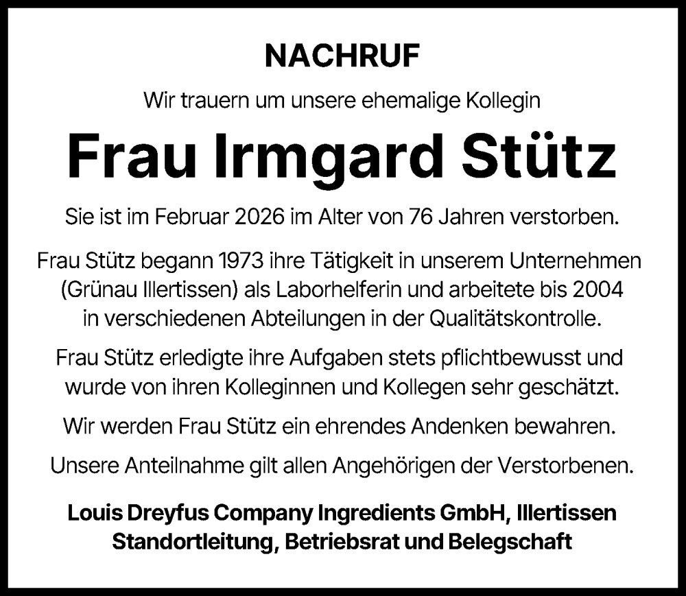  Traueranzeige für Irmgard Stütz vom 27.02.2026 aus Illertisser Zeitung