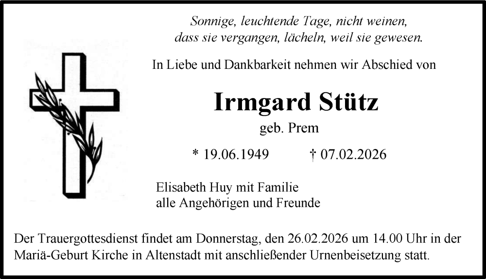  Traueranzeige für Irmgard Stütz vom 23.02.2026 aus Illertisser Zeitung